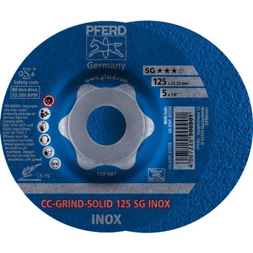Köszörűkorong CC-GRIND-SOLID SG INOX D125xSmm offset INOX furat 22,23 mm PFERD
