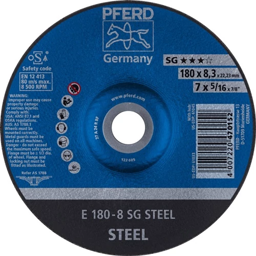 Csiszolókorong SG STEEL D180xS8,3mm, acélhoz, furat 22,23 mm PFERD