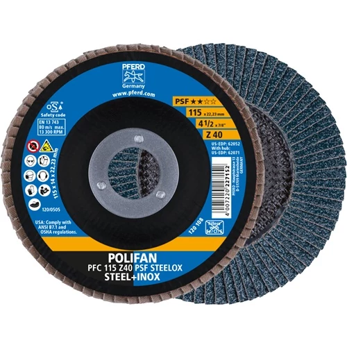 Legyező korong POLIFAN Z PSF STEELOX Ø 115 mm szemcseméretű Z-40 kúpos INOX cirkónium korund PFERD