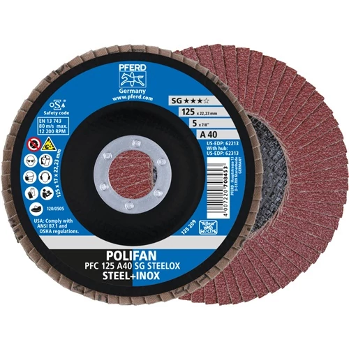Legyező korong POLIFAN A SG STEELOX D. 125 mm szemcse A-40 kúpos INOX normál korund PFERD