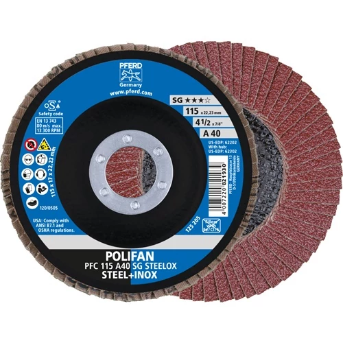 Legyező korong POLIFAN A PSF STEELOX Ø 115 mm szemcse A-40 kúpos acél/fa normál korund PFERD