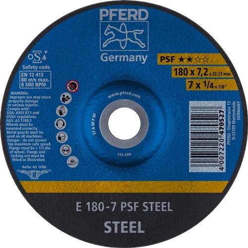 Csiszolókorong PSF STEEL Ø 180xS7,2mm, furat 22,23 mm PFERD