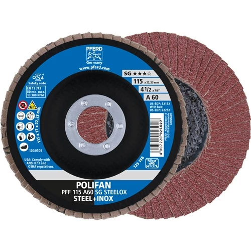 Legyező korong POLIFAN A SG STEELOX D. 115 mm szemcse A-60 lapos INOX normál korund PFERD