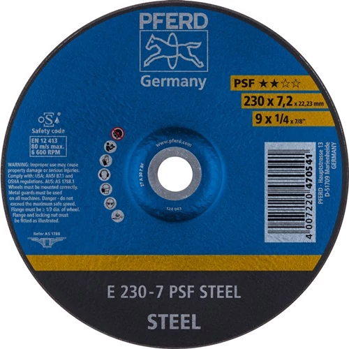 Csiszolókorong PSF STEEL Ø 230xS7,2mm, furat 22,23 mm PFERD