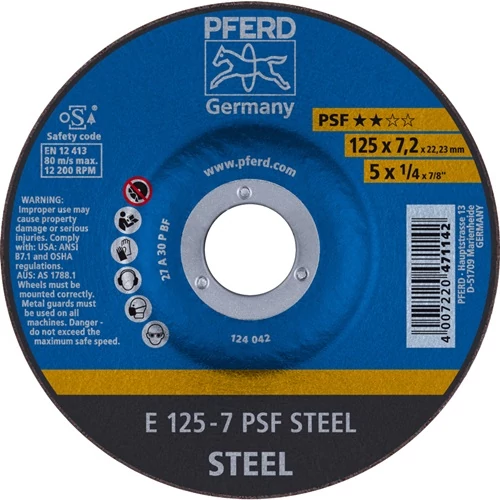 Csiszolókorong PSF STEEL Ø 125xS7,2mm, furat 22,23 mm PFERD