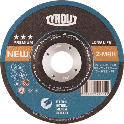 Tisztító korong LONGLIFE Z-MAX Ø 125xS7mm nyomott acél furat 22,23 mm TYROLIT